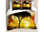 Abakuhaus Copripiumino Safari, Tramonto Con Animali Della Savana, Antiacaro, Adatto A Chi Soffre Di Allergie, Con Federe, 155 Cm X 220 Cm - 80 X 80 Cm, Verde, Rosso, Bianco
