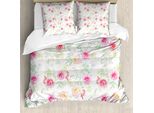 Abakuhaus Copripiumino Con Fiori Acquerellati, Dipinto Retrò, Antiacaro, Adatto A Chi Soffre Di Allergie, Con Federe, 155 Cm X 220 Cm - 80 X 80 Cm, Bianco-Rosa-Verde