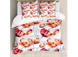Abakuhaus Copripiumino Con Motivi Floreali Acquerellati, Poppy Tulip Flora, Antiacaro E Anallergico, Con Federe, 200 Cm X 200 Cm - 80 X 80 Cm, Rosso Bianco Arancione