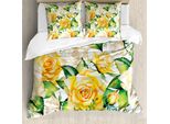 Abakuhaus Copripiumino Rose, Fiori Acquerellati, Antiacaro, Adatto A Chi Soffre Di Allergie, Con Federe, 155 Cm X 220 Cm - 80 X 80 Cm, Giallo Beige Verde