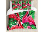 Abakuhaus Copripiumino Flamingo, Foglie Esotiche Retrò, Antiacaro, Adatto A Chi Soffre Di Allergie, Con Federe, 200 Cm X 200 Cm - 80 X 80 Cm, Rosa-Verde