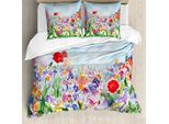 Abakuhaus Copripiumino Con Fiori Acquerellati, Fioritura Estiva, Antiacaro, Adatto A Chi Soffre Di Allergie, Con Federe, 155 Cm X 220 Cm - 80 X 80 Cm, Rosso, Verde, Viola