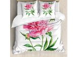 Abakuhaus Copripiumino Con Fiori Acquerellati, Vintage Peony, Antiacaro E Anallergico, Con Federe, 155 Cm X 220 Cm - 80 X 80 Cm, Rosa, Bianco, Verde