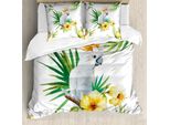 Abakuhaus Copripiumino Papagallo, Hibiscus Con Uccelli Selvatici, Antiacaro, Adatto A Chi Soffre Di Allergie, Con Federe, 155 Cm X 220 Cm - 80 X 80 Cm, Bianco, Giallo, Verde