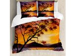 Abakuhaus Set Copripiumino Per Letti Matrimoniali, Fiume Montagna Tramonto, Antiacaro, Adatto A Chi Soffre Di Allergie, Con Federe, Arancione Viola