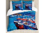 Abakuhaus Set Copripiumino Marittimo Per Letti Matrimoniali, Porto Sul Mare, Antiacaro Adatto A Chi Soffre Di Allergie Con Federe, Blu Navy E Rosso