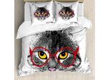Abakuhaus Copripiumino Gatto, Gatto Nerd Con Occhiali, Antiacaro, Adatto A Chi Soffre Di Allergie, Con Federe, 200 Cm X 200 Cm - 80 X 80 Cm, Nero Bianco Rosso