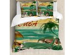 Copripiumino Retrò Abakuhaus, Kuba Beach Ocean Palm, Antiacaro, Adatto A Chi Soffre Di Allergie, Con Federe, 155 Cm X 220 Cm - 80 X 80 Cm, Verde Crema Giallo