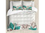 Abakuhaus Copripiumino Turchese, Motivo Retrò Con Ibisco, Antiacaro E Anallergico, Con Federe, 155 Cm X 220 Cm - 80 X 80 Cm, Beige Teal
