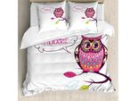 Abakuhaus Copripiumino Gufo, Animali Elaborati Su Ramo, Antiacaro, Adatto A Chi Soffre Di Allergie, Con Federe, 200 Cm X 200 Cm - 80 X 80 Cm, Rosa, Viola, Bianco