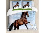 Abakuhaus Copripiumino Con Cavalli, Cavallo Che Galoppa Sull'erba, Antiacaro, Adatto A Chi Soffre Di Allergie, Con Federe, 155 Cm X 220 Cm - 80 X 80 Cm, Blu, Verde, Marrone