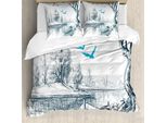Abakuhaus Copripiumino Paesaggio, Disegno Barca Sul Fiume, Antiacaro, Adatto A Chi Soffre Di Allergie, Con Federe, 200 Cm X 200 Cm - 80 X 80 Cm, Bianco Grigio Blu