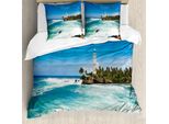 Abakuhaus Copripiumino Leuchtturm, Palms Beach Seaside, Antiacaro, Adatto A Chi Soffre Di Allergie, Con Federe, 200 Cm X 200 Cm - 80 X 80 Cm, Blu Bianco Verde