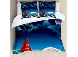 Abakuhaus Copripiumino Nautico, Nave Cartoon Sulle Onde, Antiacaro, Adatto A Chi Soffre Di Allergie, Con Federe, 155 Cm X 220 Cm - 80 X 80 Cm, Blu Arancione Prugna