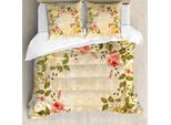 Abakuhaus Copripiumino Vintage, Foglie E Fiori Di Rosa, Antiacaro, Adatto A Chi Soffre Di Allergie, Con Federe, 155 Cm X 220 Cm - 80 X 80 Cm, Giallo, Verde, Rosa
