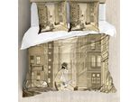 Abakuhaus Copripiumino Jazz Music, Old Street Di New York, Antiacaro E Anallergico, Con Federe, 155 Cm X 220 Cm - 80 X 80 Cm, Beige