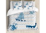 Abakuhaus Copripiumino Nautico, Nave Cartoon, Balena, Onde, Antiacaro, Adatto A Chi Soffre Di Allergie, Con Federe, 155 Cm X 220 Cm - 80 X 80 Cm, Beige, Blu, Bianco