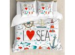 Abakuhaus Copripiumino Nautico, Scritta "I Love Sea"", Antiacaro, Adatto A Chi Soffre Di Allergie, Con Federe, 200 Cm X 200 Cm - 80 X 80 Cm, Bianco, Rosso, Blu"