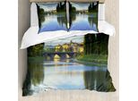 Abakuhaus Copripiumino Paesaggio, Fiume Ponte Città Alberi, Antiacaro Adatto A Chi Soffre Di Allergie Con Federe, 200 Cm X 200 Cm - 80 X 80 Cm, Verde Blu