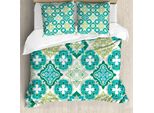 Abakuhaus Copripiumino Marocchino, Piastrelle Geometriche Colorate, Antiacaro, Adatto A Chi Soffre Di Allergie, Con Federe, 200 Cm X 200 Cm - 80 X 80 Cm, Verde Acqua Bianco