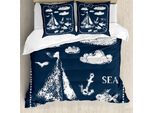 Abakuhaus Copripiumino Blu Navy, Barca Nuvole Ancora, Antiacaro, Adatto A Chi Soffre Di Allergie, Con Federe, 200 Cm X 200 Cm - 80 X 80 Cm, Blu Navy Bianco