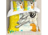 Abakuhaus Copripiumino Giallo, Disegno Grunge Cane, Antiacaro, Adatto A Chi Soffre Di Allergie, Con Federe, 200 Cm X 200 Cm - 80 X 80 Cm, Giallo Beige Blu