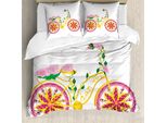Abakuhaus Copripiumino Bicicletta, Rosa Decorazione Floreale Bicicletta, Antiacaro Adatto A Chi Soffre Di Allergie Con Federe, 155 Cm X 220 Cm - 80 X 80 Cm, Rosa Giallo