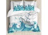 Abakuhaus Copripiumino Nautico, Nave E Onde Dell'oceano, Antiacaro, Adatto A Chi Soffre Di Allergie, Con Federe, 200 Cm X 200 Cm - 80 X 80 Cm, Aqua Taupe