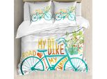 Abakuhaus Copripiumino Bicicletta, Bicicletta Blu Con Fiori, Antiacaro Adatto A Chi Soffre Di Allergie Con Federe, 200 Cm X 200 Cm - 80 X 80 Cm, Turchese Giallo
