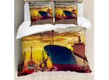 Abakuhaus Set Copripiumino Nautico Per Letti Matrimoniali, Grande Nave Al Tramonto, Antiacaro, Adatto A Chi Soffre Di Allergie, Con Federe, Multi