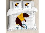 Abakuhaus Copripiumino Bicicletta, Orso Bicicletta Circo, Antiacaro Adatto A Chi Soffre Di Allergie Con Federe, 155 Cm X 220 Cm - 80 X 80 Cm, Marrone Giallo