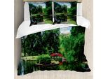 Abakuhaus Copripiumino Giapponese, Giardino Giapponese Lago, Antiacaro Adatto A Chi Soffre Di Allergie Con Federe, 200 Cm X 200 Cm - 80 X 80 Cm, Verde Blu