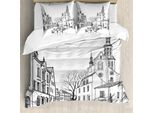 Abakuhaus Copripiumino Con Vista Della Città, Disegno Della Città Vecchia, Antiacaro, Adatto A Chi Soffre Di Allergie, Con Federe, 155 Cm X 220 Cm - 80 X 80 Cm, Bianco E Nero
