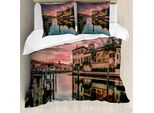 Abakuhaus Vista Della Città Copripiumino, Alba Fiume Acqua, Antiacaro Adatto A Chi Soffre Di Allergie Con Federe, 200 Cm X 200 Cm - 80 X 80 Cm, Viola Verde