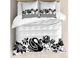 Abakuhaus Copripiumino Schwan, Cigni Neri E Fiori, Antiacaro, Adatto A Chi Soffre Di Allergie, Con Federe, 200 Cm X 200 Cm - 80 X 80 Cm, Bianco E Nero