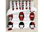 Abakuhaus Copripiumino Etnico, Bambole Geisha Folkloric, Antiacaro, Adatto A Chi Soffre Di Allergie, Con Federe, 200 Cm X 200 Cm - 80 X 80 Cm, Nero Rosso