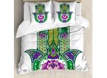 Abakuhaus Copripiumino Hamsa, Fiore Di Loto, Antiacaro, Adatto A Chi Soffre Di Allergie, Con Federe, 155 Cm X 220 Cm - 80 X 80 Cm, Verde, Viola,