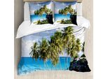 Abakuhaus Set Copripiumino Tropicale Per Letti Matrimoniali, Spiaggia Esotica, Antiacaro, Adatto A Chi Soffre Di Allergie, Con Federe, Crema Blu