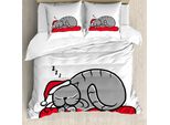 Abakuhaus Copripiumino Natalizio, Gatto Con Cappellino Natalizio, Antiacaro, Adatto A Chi Soffre Di Allergie, Con Federe, 200 Cm X 200 Cm - 80 X 80 Cm, Bianco Rosso Grigio