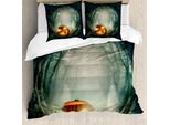 Copripiumino Abakuhaus Halloween, Pumpkin Enchanted Forest, Antiacaro, Adatto A Chi Soffre Di Allergie, Con Federe, 155 Cm X 220 Cm - 80 X 80 Cm, Arancione Verde Acqua