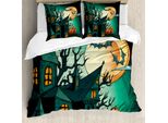 Abakuhaus Copripiumino Halloween, Castello Stregato Di Halloween, Antiacaro, Adatto A Chi Soffre Di Allergie, Con Federe, 200 Cm X 200 Cm - 80 X 80 Cm, Arancione Verde Acqua