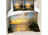 Abakuhaus Set Copripiumino Tropicale Per Letti Matrimoniali, Paesaggio Con Palme Al Tramonto, Antiacaro, Adatto A Chi Soffre Di Allergie, Con Federe, Multicolore