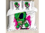 Abakuhaus Copripiumino Space, Alien Karate-Art Arrabbiato, Antiacaro, Adatto A Chi Soffre Di Allergie, Con Federe, 155 Cm X 220 Cm - 80 X 80 Cm, Verde, Rosa,