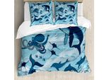 Abakuhaus Set Copripiumino Blu Per Letti Matrimoniali, Delfini, Calamari, Stelle Marine, Antiacaro, Adatto A Chi Soffre Di Allergie, Con Federe, Blu