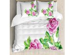 Abakuhaus Copripiumino Con Fiori Acquerellati, Roses Romantik, Antiacaro, Adatto A Chi Soffre Di Allergie, Con Federe, 155 Cm X 220 Cm - 80 X 80 Cm, Rosa-Verde