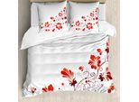 Abakuhaus Copripiumino Cinese, Motivi Floreali A Petali, Antiacaro E Anallergico, Con Federe, 155 Cm X 220 Cm - 80 X 80 Cm, Rosso E Bianco