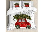 Abakuhaus Copripiumino Natalizio, Auto Retrò Con Albero, Antiacaro, Adatto A Chi Soffre Di Allergie, Con Federe, 200 Cm X 200 Cm - 80 X 80 Cm, Rosso Verde