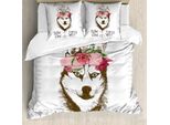 Abakuhaus Copripiumino Wolf, Fiori E Piume Husky, Antiacaro, Adatto A Chi Soffre Di Allergie, Con Federe, 155 Cm X 220 Cm - 80 X 80 Cm, Multicolore