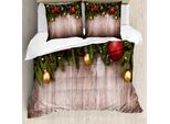 Abakuhaus Copripiumino Natalizio, Natale Rustico In Legno, Antiacaro, Adatto A Chi Soffre Di Allergie, Con Federe, 155 Cm X 220 Cm - 80 X 80 Cm, Marrone, Verde, Rosso