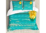 Abakuhaus Copripiumino Rustico, Fiori Primaverili In Legno, Antiacaro, Adatto A Chi Soffre Di Allergie, Con Federe, 200 Cm X 200 Cm - 80 X 80 Cm, Turchese Giallo